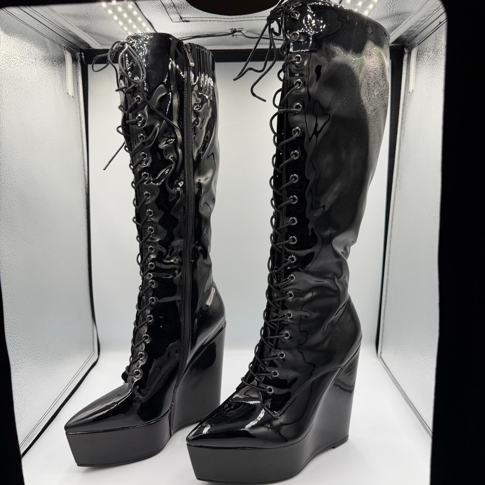 Black Pointed Platform Lace Up Zip Side Knee High Whimsigoth Goth Punk Boot 10 - Picture 4 of 7